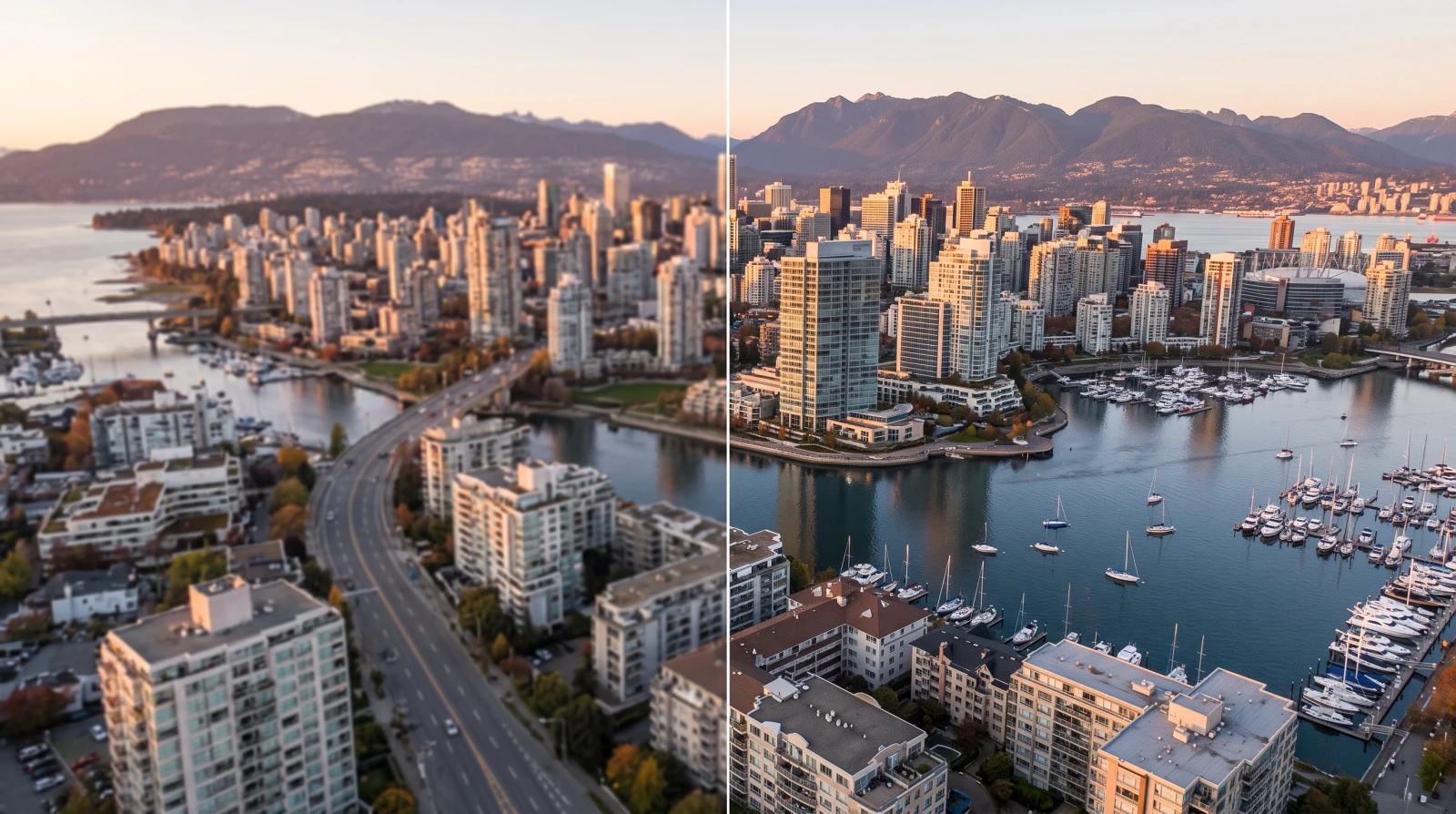 An aerial city view, soft and blocky on the left half, sharp on the right