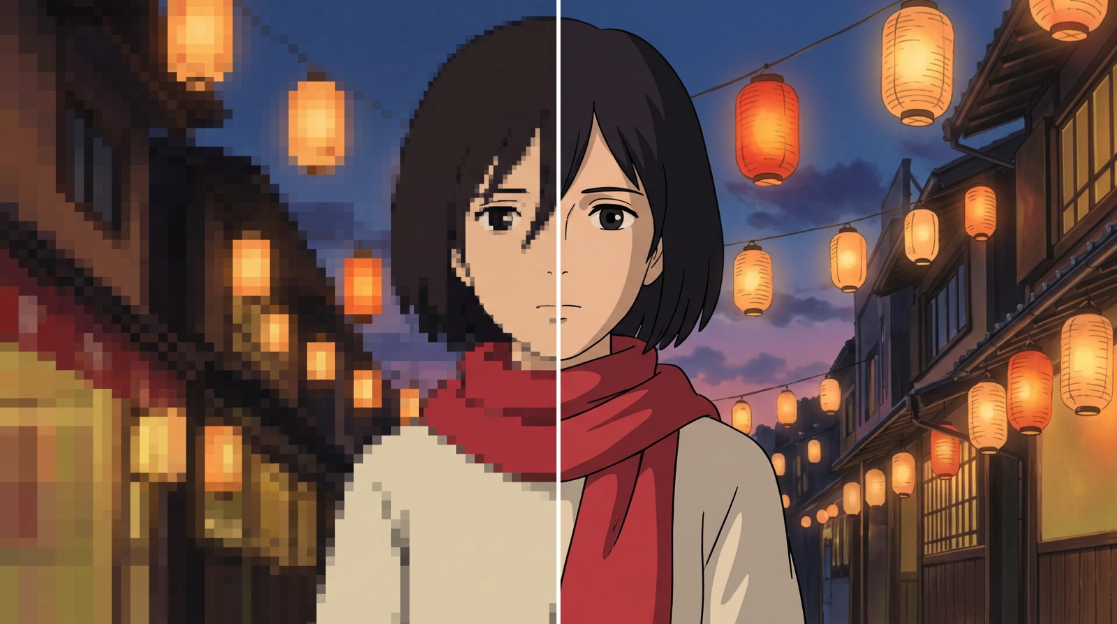 An animated lantern-lit street, its line work smeared on the left half and crisp on the right