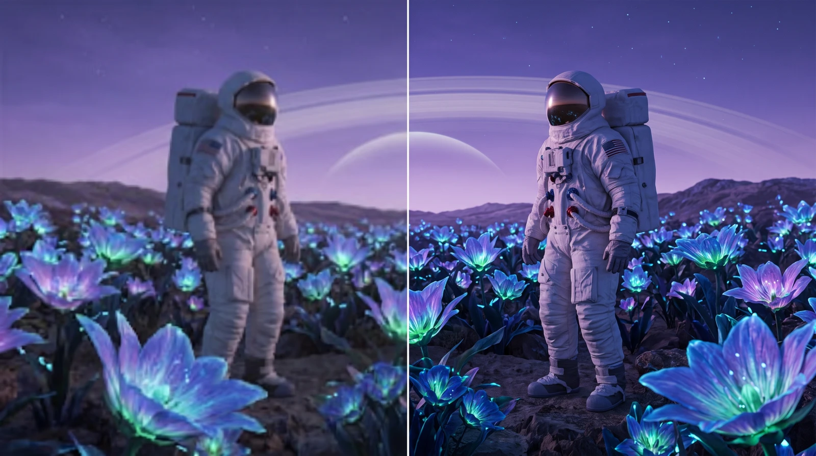 Un astronauta surrealista, blando y cuadriculado en la mitad izquierda, nítido en la derecha