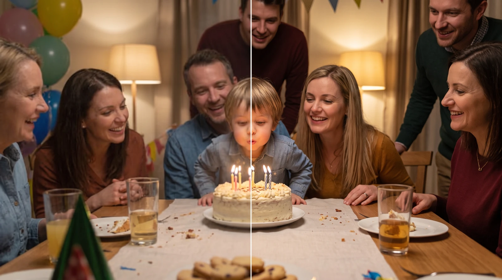 A family birthday scene, soft on the left half, sharp on the right