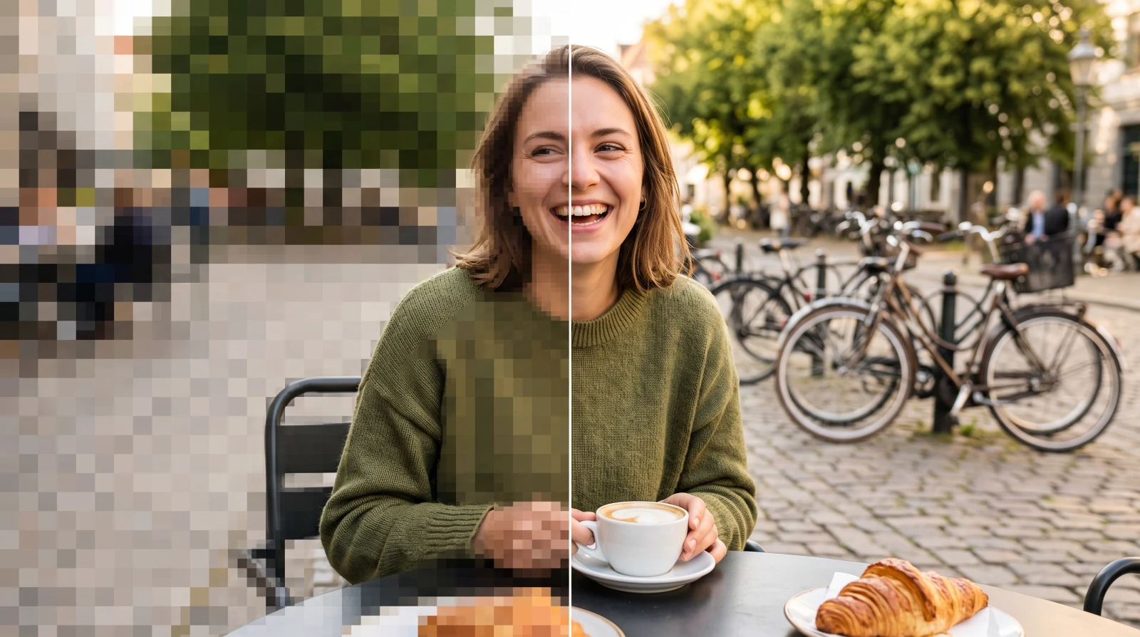 A woman laughing at a cafe table, broken into blocks on the left half, clean on the right