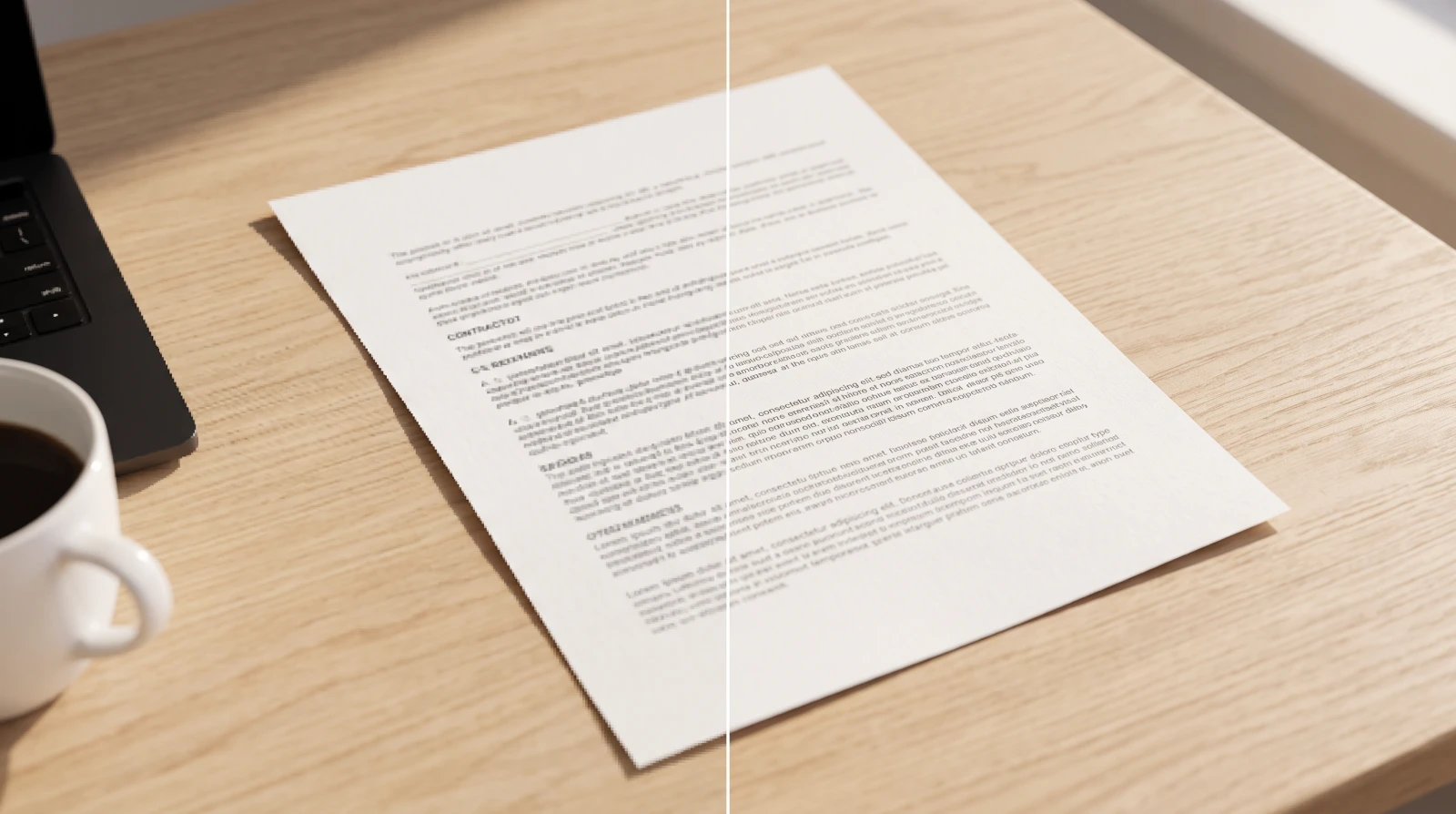 Uma página de contrato fotografada numa mesa, pastosa na metade esquerda, nítida na direita