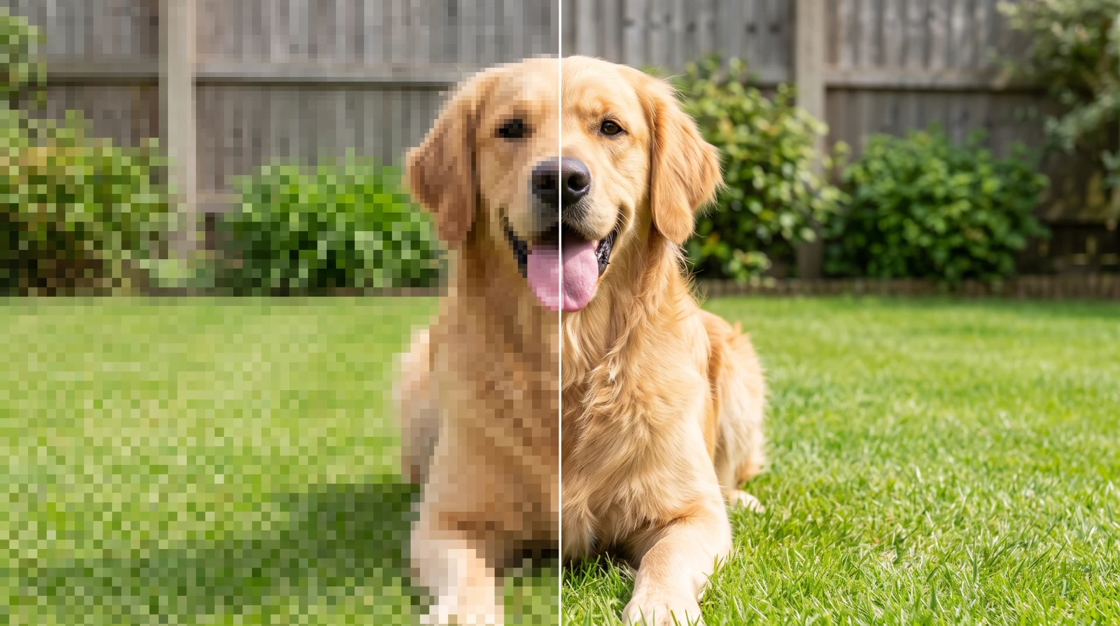 A golden retriever on a lawn, broken into blocks on the left half, clean on the right