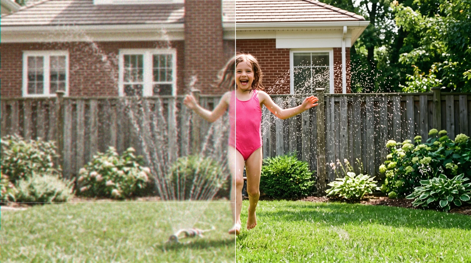 A girl running through a garden sprinkler, faded and grainy like a worn tape on the left half, clean on the right