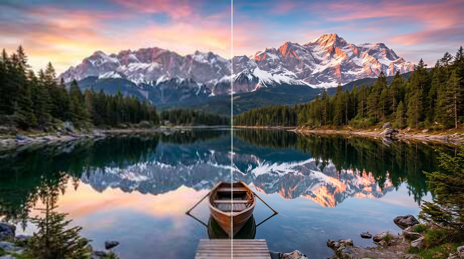 Un lago de montaña al amanecer con una barca, blando y con manchas en la mitad izquierda, nítido en la derecha