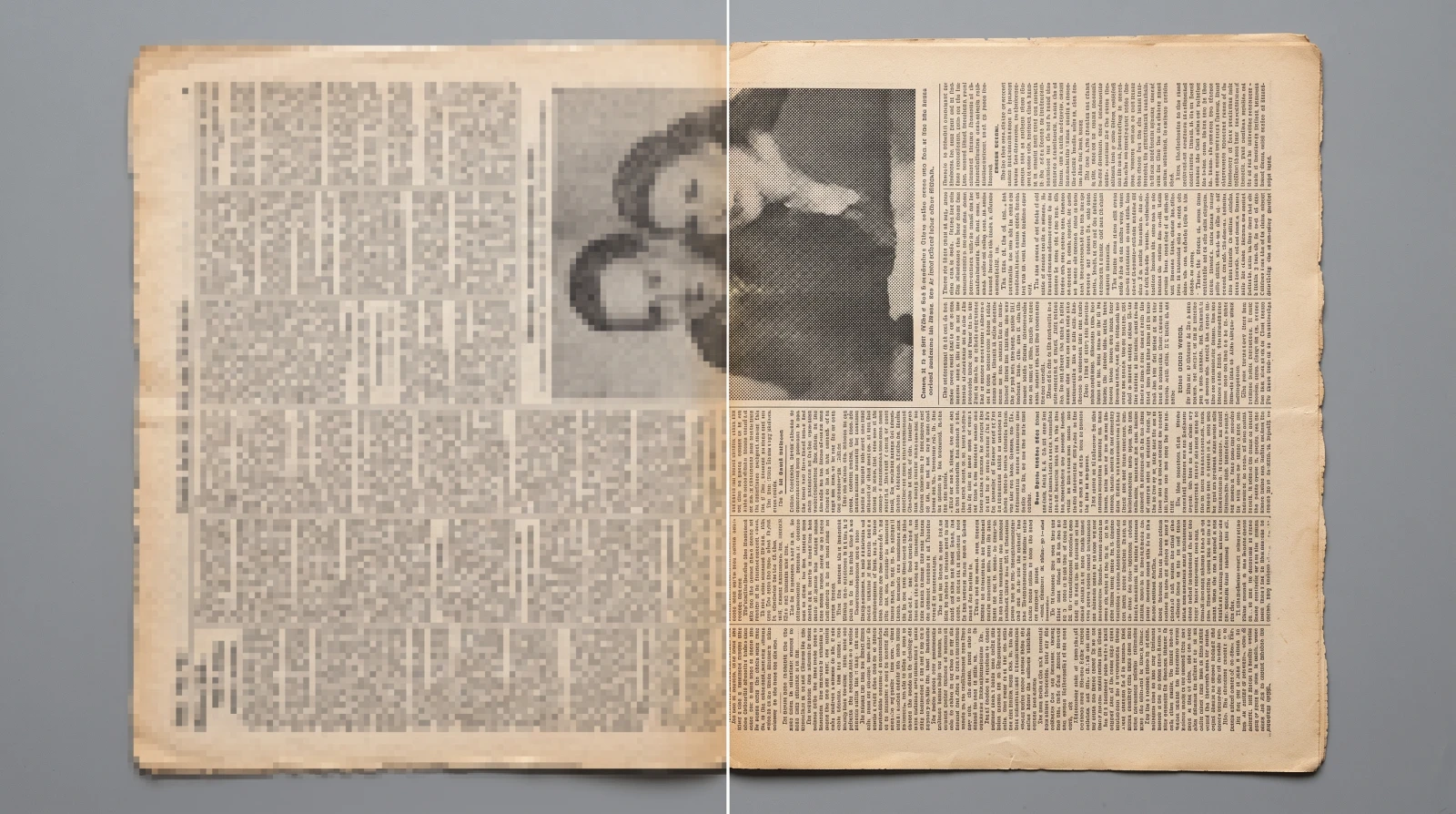 Uma página de jornal antiga, com as colunas viradas blocos na metade esquerda, nítida na direita