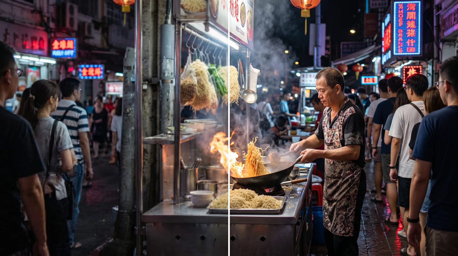 Un étal de marché de nuit, mou à gauche et net à droite