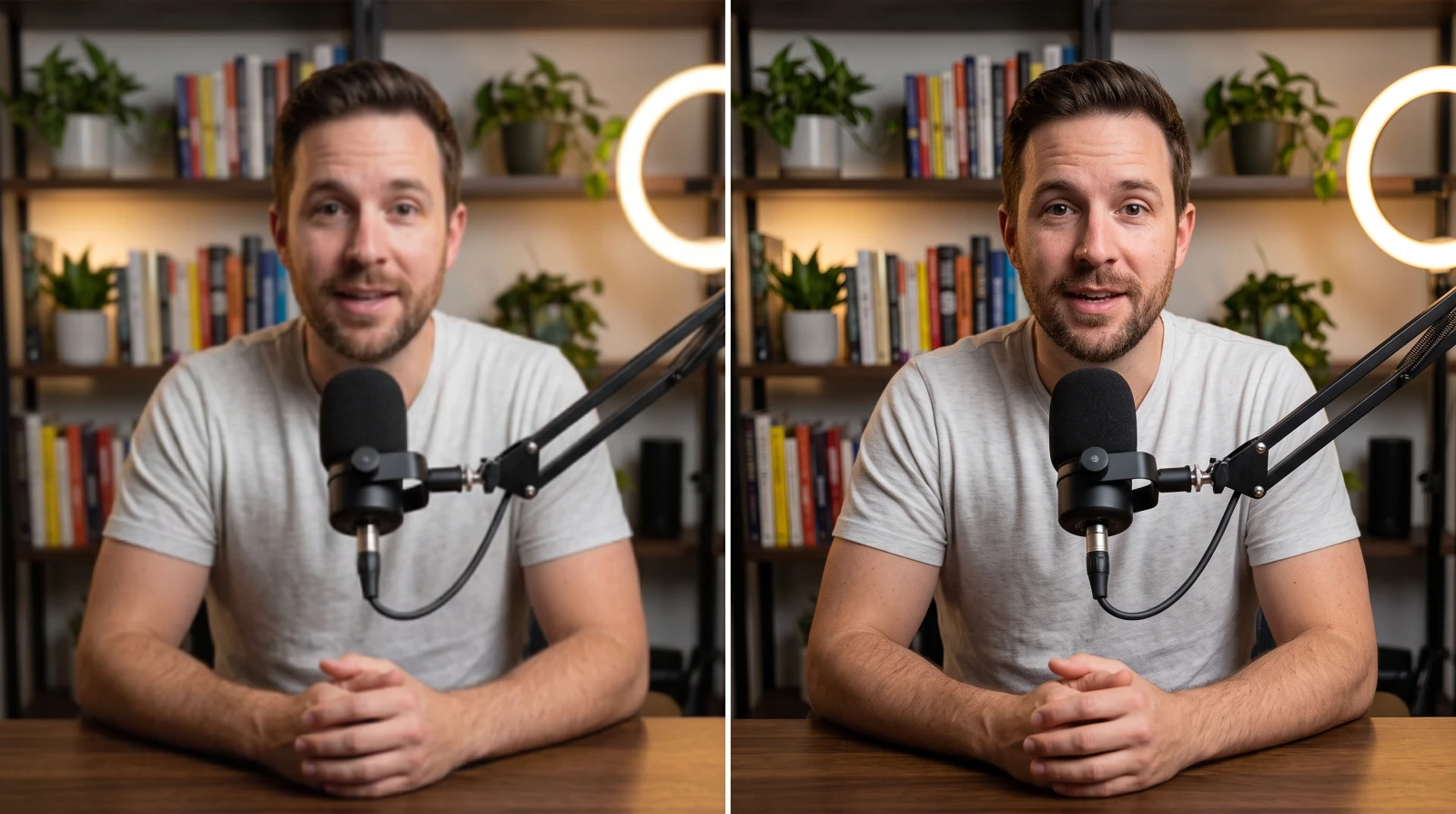 Ein Talking-Head-Bild, links weich und blockig, rechts scharf