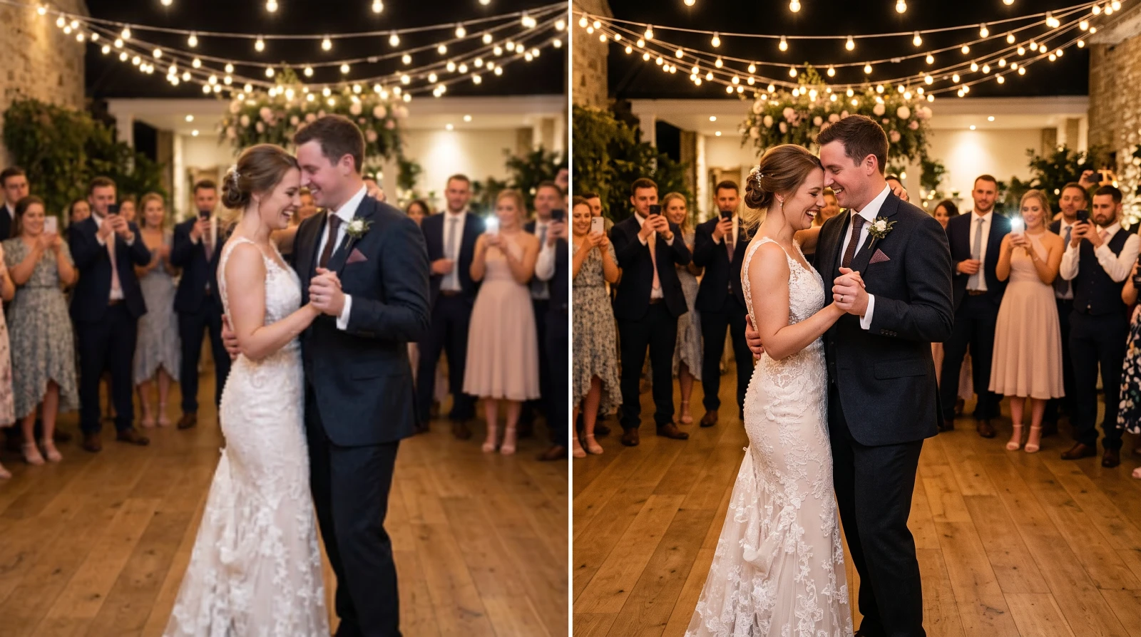 Der Hochzeitstanz, Gäste filmen mit Handys, links weich und blockig, rechts scharf
