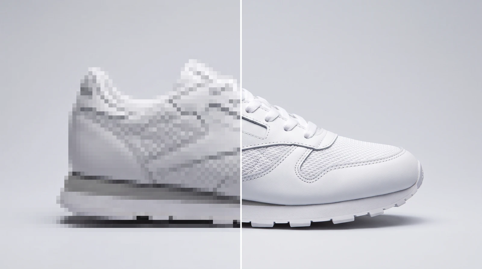 A white running shoe on a studio backdrop, broken into blocks on the left half, clean on the right